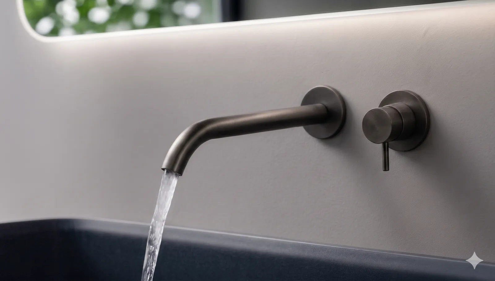A Gemini-generated photo of a matte black wall tap over a grey basin, with the Gemini sparkle watermark in the bottom-right corner